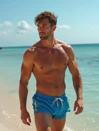 masculine  man in solid color  swim shorts on the beach, wet hair, swimsuit sports illustrated FHM maxim photos