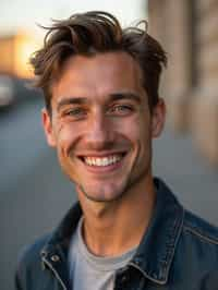 headshot of smiling man wearing casual clothes posing for dating app headshot. outdoor blurry background. the lighting is warm, possibly from a setting sun, creating a soft glow around him, enhancing the casual and relaxed vibe of the image. the setting seems to be outdoors, likely in an urban environment, with the blurred background hinting at a street or park-like area. this image likely portrays a youthful, active, and approachable individual, possibly in a lifestyle or fashion-related context.