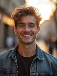 headshot of smiling man wearing casual clothes posing for dating app headshot. outdoor blurry background. the lighting is warm, possibly from a setting sun, creating a soft glow around him, enhancing the casual and relaxed vibe of the image. the setting seems to be outdoors, likely in an urban environment, with the blurred background hinting at a street or park-like area. this image likely portrays a youthful, active, and approachable individual, possibly in a lifestyle or fashion-related context.