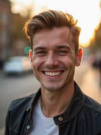 headshot of smiling man wearing casual clothes posing for dating app headshot. outdoor blurry background. the lighting is warm, possibly from a setting sun, creating a soft glow around him, enhancing the casual and relaxed vibe of the image. the setting seems to be outdoors, likely in an urban environment, with the blurred background hinting at a street or park-like area. this image likely portrays a youthful, active, and approachable individual, possibly in a lifestyle or fashion-related context.