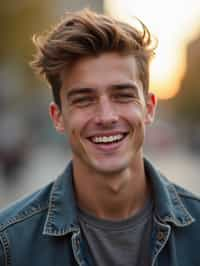 headshot of smiling man wearing casual clothes posing for dating app headshot. outdoor blurry background. the lighting is warm, possibly from a setting sun, creating a soft glow around him, enhancing the casual and relaxed vibe of the image. the setting seems to be outdoors, likely in an urban environment, with the blurred background hinting at a street or park-like area. this image likely portrays a youthful, active, and approachable individual, possibly in a lifestyle or fashion-related context.