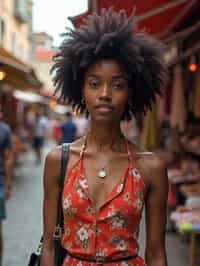 a stylish  feminine woman exploring a street market