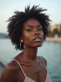 a captivating  feminine woman enjoying a peaceful moment by the waterfront