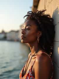 a captivating  feminine woman enjoying a peaceful moment by the waterfront