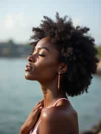 a captivating  feminine woman enjoying a peaceful moment by the waterfront