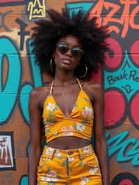 a fashionable  feminine woman posing in front of street art