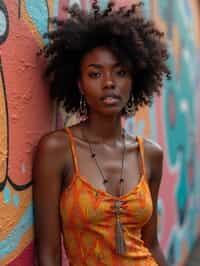 a fashionable  feminine woman posing in front of street art