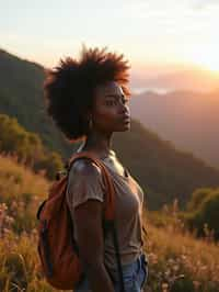 an adventurous  feminine woman hiking in the mountains