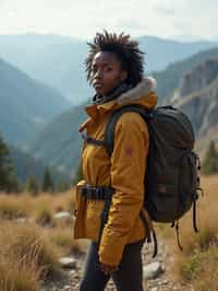 an adventurous  feminine woman hiking in the mountains