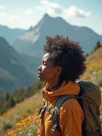 an adventurous  feminine woman hiking in the mountains