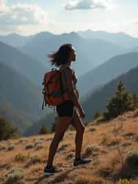 an adventurous  feminine woman hiking in the mountains