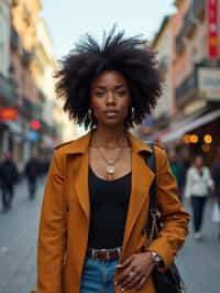 a confident  feminine woman exploring a bustling city street