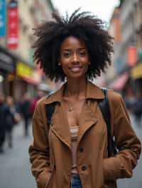 a confident  feminine woman exploring a bustling city street