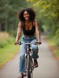 a stylish  feminine woman enjoying a leisurely bike ride along a scenic path