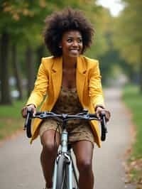 a stylish  feminine woman enjoying a leisurely bike ride along a scenic path