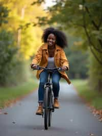 a stylish  feminine woman enjoying a leisurely bike ride along a scenic path