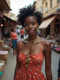 a charismatic  feminine woman exploring a street market