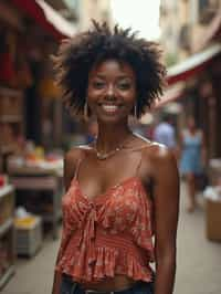 a charismatic  feminine woman exploring a street market