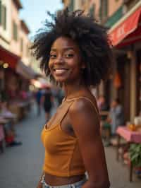 a charismatic  feminine woman exploring a street market