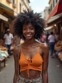 a charismatic  feminine woman exploring a street market