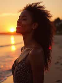 feminine woman enjoying a sunset at a beach or park