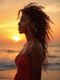 feminine woman enjoying a sunset at a beach or park