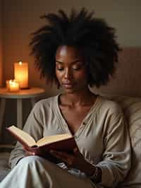 feminine woman reading a book in a cozy home environment