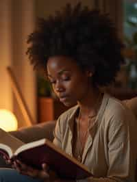 feminine woman reading a book in a cozy home environment