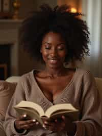 feminine woman reading a book in a cozy home environment