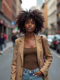 feminine woman taking a casual stroll through a cityscape