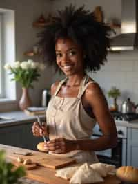 feminine woman cooking or baking in a modern kitchen