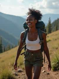 feminine woman in going hiking outdoors in mountains