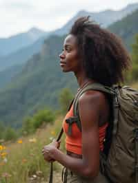 feminine woman in going hiking outdoors in mountains