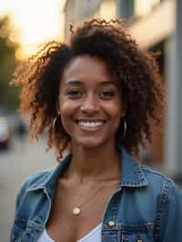 headshot of smiling woman wearing casual clothes posing for dating app headshot. outdoor blurry background. the lighting is warm, possibly from a setting sun, creating a soft glow around him, enhancing the casual and relaxed vibe of the image. the setting seems to be outdoors, likely in an urban environment, with the blurred background hinting at a street or park-like area. this image likely portrays a youthful, active, and approachable individual, possibly in a lifestyle or fashion-related context.