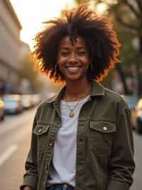 headshot of smiling woman wearing casual clothes posing for dating app headshot. outdoor blurry background. the lighting is warm, possibly from a setting sun, creating a soft glow around him, enhancing the casual and relaxed vibe of the image. the setting seems to be outdoors, likely in an urban environment, with the blurred background hinting at a street or park-like area. this image likely portrays a youthful, active, and approachable individual, possibly in a lifestyle or fashion-related context.