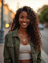 headshot of smiling woman wearing casual clothes posing for dating app headshot. outdoor blurry background. the lighting is warm, possibly from a setting sun, creating a soft glow around him, enhancing the casual and relaxed vibe of the image. the setting seems to be outdoors, likely in an urban environment, with the blurred background hinting at a street or park-like area. this image likely portrays a youthful, active, and approachable individual, possibly in a lifestyle or fashion-related context.