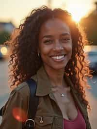 headshot of smiling woman wearing casual clothes posing for dating app headshot. outdoor blurry background. the lighting is warm, possibly from a setting sun, creating a soft glow around him, enhancing the casual and relaxed vibe of the image. the setting seems to be outdoors, likely in an urban environment, with the blurred background hinting at a street or park-like area. this image likely portrays a youthful, active, and approachable individual, possibly in a lifestyle or fashion-related context.