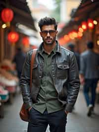 a stylish masculine  man exploring a street market