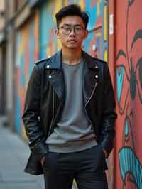 a fashionable masculine  man posing in front of street art