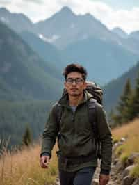 an adventurous masculine  man hiking in the mountains