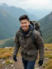 an adventurous masculine  man hiking in the mountains