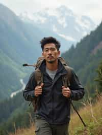 an adventurous masculine  man hiking in the mountains