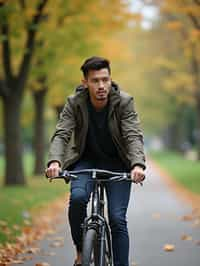 a stylish masculine  man enjoying a leisurely bike ride along a scenic path