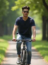 a stylish masculine  man enjoying a leisurely bike ride along a scenic path