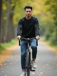 a stylish masculine  man enjoying a leisurely bike ride along a scenic path