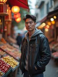 a charismatic masculine  man exploring a street market