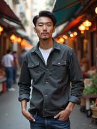 a charismatic masculine  man exploring a street market