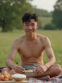 masculine  man having a fun outdoor picnic