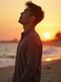 masculine  man enjoying a sunset at a beach or park