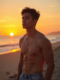 masculine  man enjoying a sunset at a beach or park